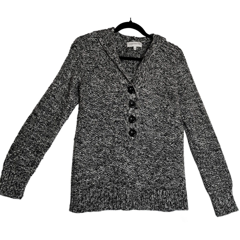 ones New York Sport Henley Sweater Womens Medium‎ Gray Hooded Button Front Knit